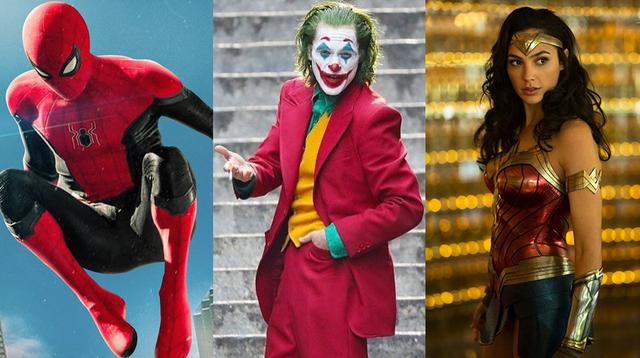 De izquierda a derecha: "Spider-Man: Far From Home", "Joker", y "Wonder Woman 1984", algunas de las cintas que se estrenarán en las salas de cine en los próximos 12 meses.