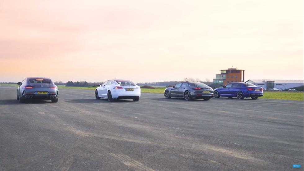 El Tesla Model S, BMW M5 Competition, Mercedes-AMG GT4 63 S y Porsche Panamera Turbo S E-Hybrid se enfrentaron en 3 distintas pruebas. (Foto: YouTube).