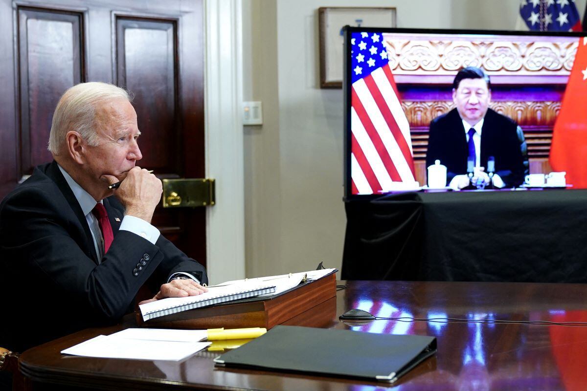 US President Joe Biden meets with Chinese President Xi Jinping during a virtual summit from the Roosevelt Room of the White House in Washington, DC, on November 15, 2021. (MANDEL NGAN / AFP) .