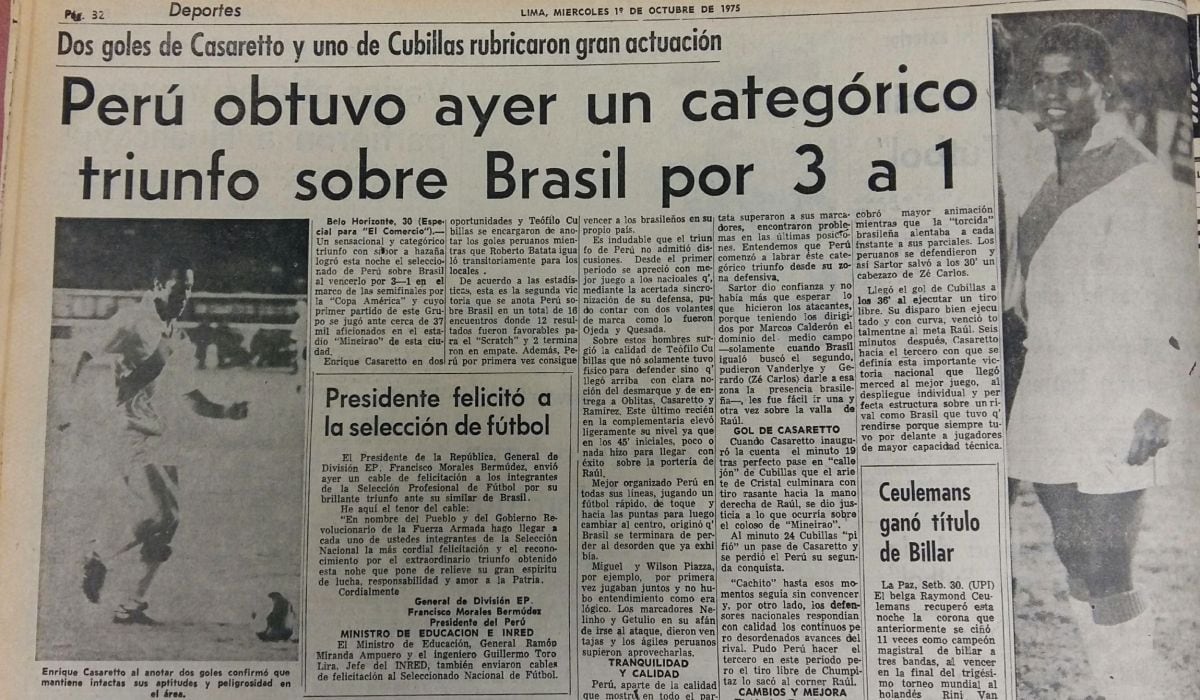 Así informó El Comercio sobre la victoria peruana ante Brasil el 1 de octubre de 1975. (Foto: Archivo El Comercio)