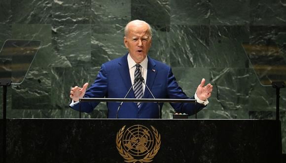 El presidente estadounidense Joe Biden se dirige a la 78.ª Asamblea General de las Naciones Unidas en la sede de la ONU en la ciudad de Nueva York el 19 de septiembre de 2023. (Foto de TIMOTHY A. CLARY / AFP).
