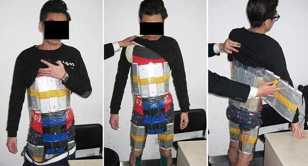 Este joven intentó cruzar la frontera con 94 celulares pegados al cuerpo con cinta adhesiva. (Foto: lapatilla.com)
