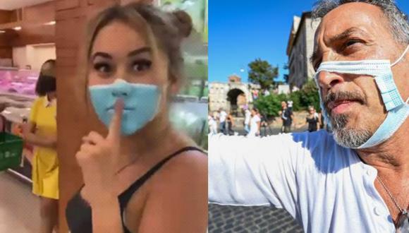 A la izquierda, una influencer se pinta una mascarilla en el rostro, lo cual ha sido condenado por el gobierno de Bali. A la derecha, un hombre con una máscara cortada participa en una protesta de los movimientos "Sin máscara" en Roma en septiembre del 2020. (Foto: Vincenzo Pinto / AFP)