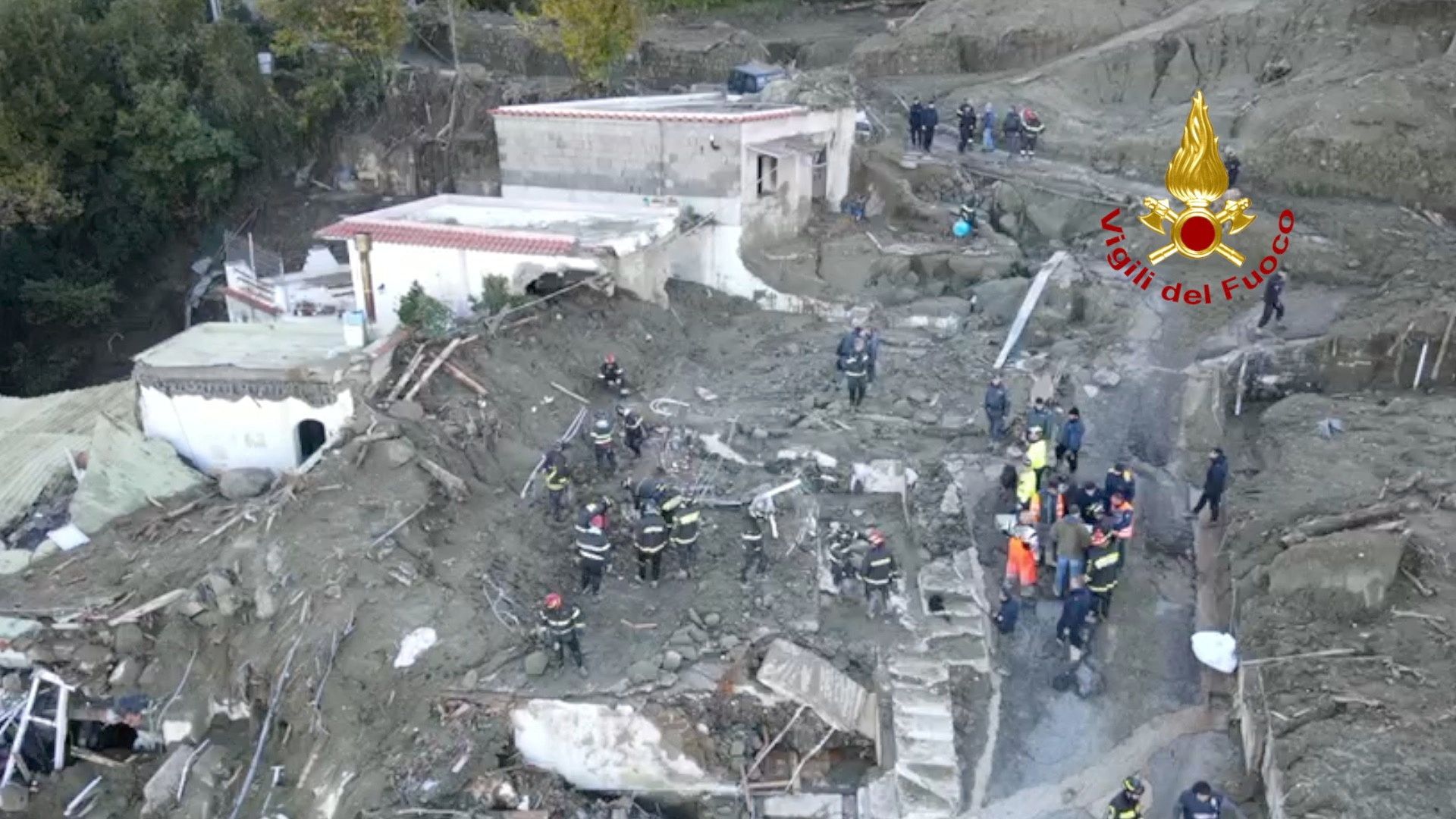 An aerial view shows rescuers searching for missing people after a landslide on the Italian island of Ischia, Italy.