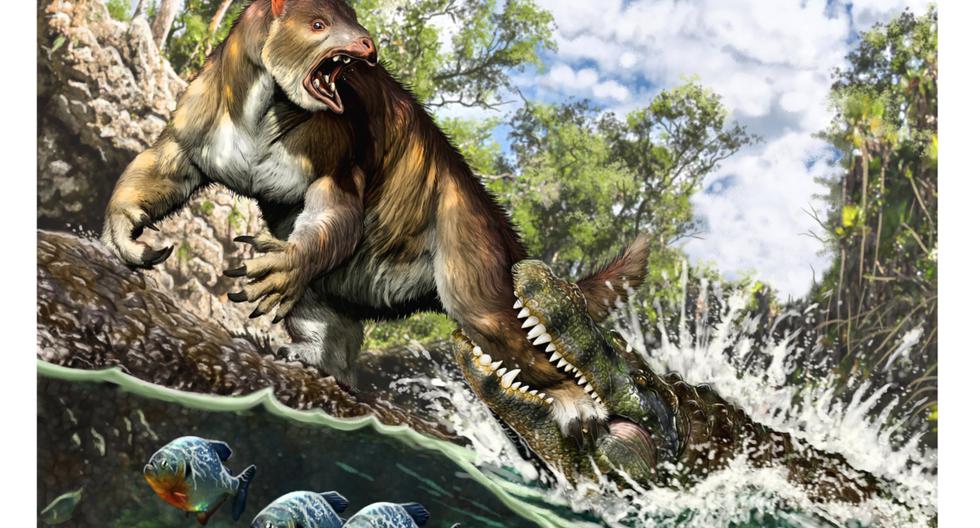 Reconstrucción del ataque de un Purussaurus a un perezoso terrestre Pseudoprepotherium. (Ilustración: Jorge A. González)