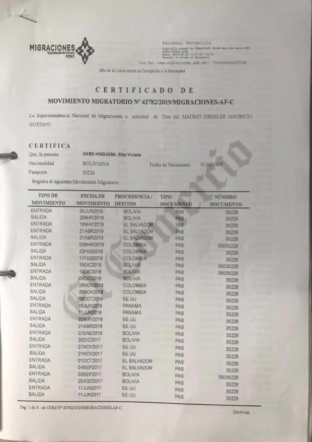 Reporte migratorio de la exministra Viviana Caro Hinojosa. El documento fue solicitado el 20 de setiembre del 2019.