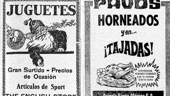 Así lucían los avisos publicitarios en los años 1911, con Papá Noel, y en 1978 con un pavo horneado. Foto: GEC Archivo