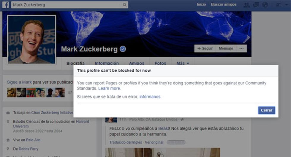 El misterio del por qué no puedes bloquear a Mark Zuckerberg de Facebook ha sido revelado finalmente. (Foto: Captura)
