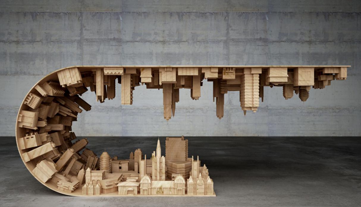 El diseñador Stelios Mousarris creó esta mesa inspirada en una escena de la película de ciencia ficción Inception en donde las ciudades se doblan como un papel. (Foto: Difusión)