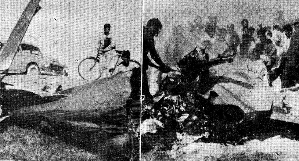 Pisco, 18 de setiembre de 1962. Decenas de curiosos se acercan a los restos aun humeantes de los aviones Cessna T-37, que chocaron en pleno vuelo acrobático. Los fragmentos de las máquinas regados por el campo revelaban la magnitud de la tragedia. (Fotos: GEC Archivo Histórico)