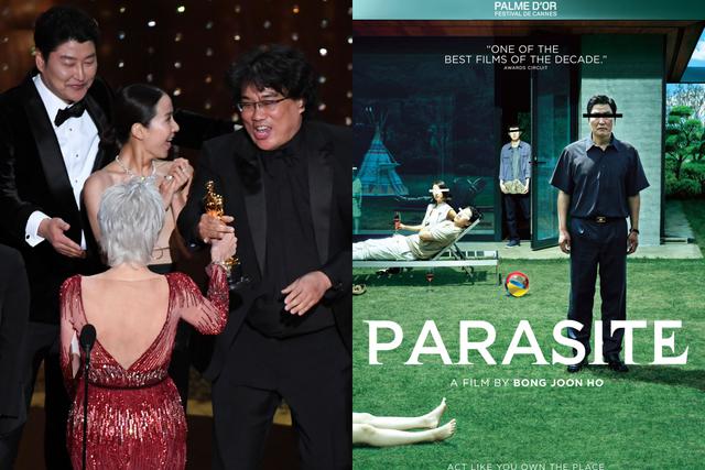 Oscar 2020: los productores de "Parasite", ganadora a Mejor película, al momento de recoger el premio. Foto: AFP.