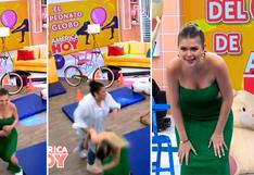 Brunella Horna sufre aparatosa caída tras chocar durante juego de los globos con Mónica Torres