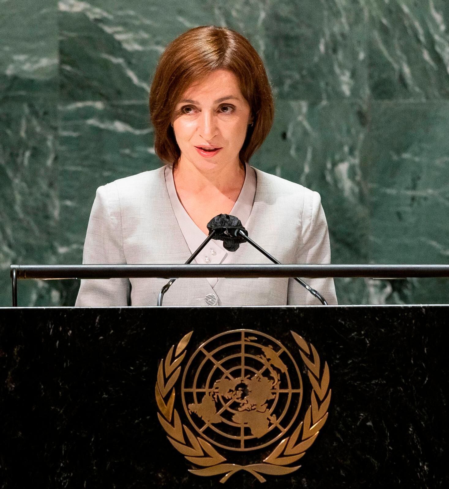 Maia Sandu, presidenta de Moldavia desde diciembre del 2020, durante su presentación ante la 76 Asamblea General de la ONU. (Foto: Justin Lane / AP).