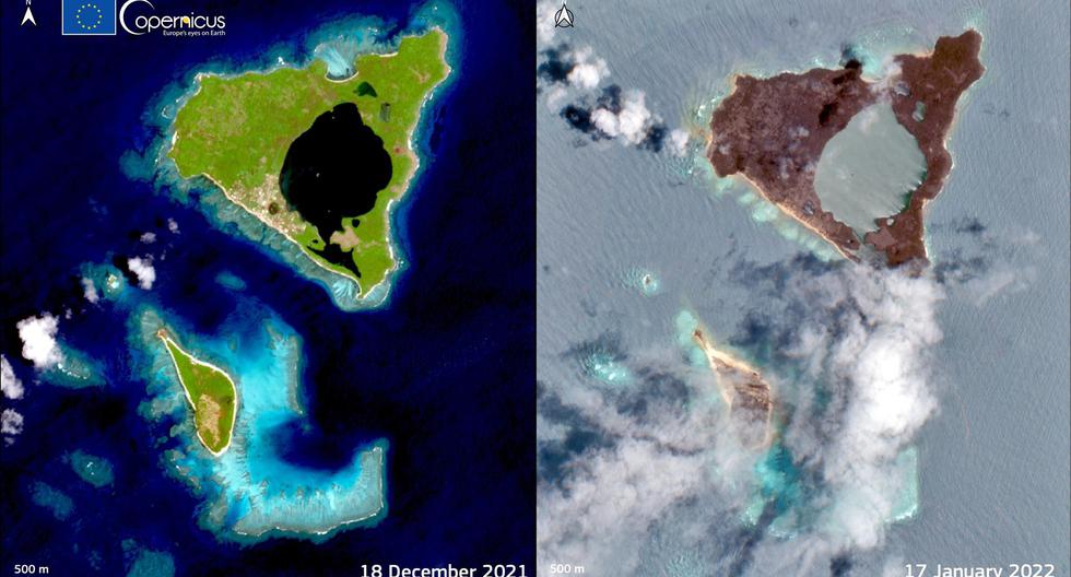 Una imagen de satélite proporcionada por Copernicus, el Programa de Observación de la Tierra de la Unión Europea, muestra el impacto de la erupción del volcán Hunga-Tonga Hunga'apai al comparar las imágenes del 18 de diciembre de 2021 y el 17 de enero de 2022. (EFE).