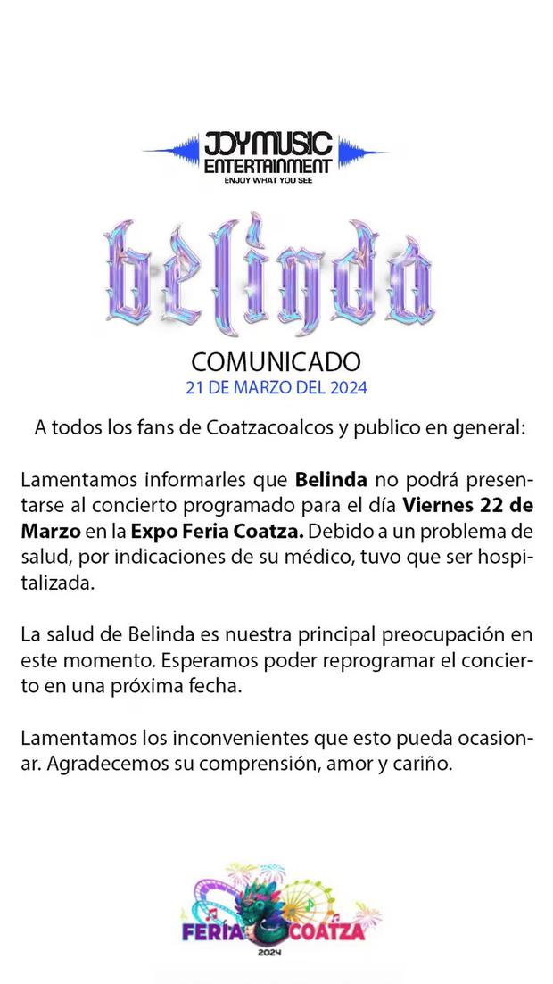 Mexican company that announced the cancellation of Belinda's concert in Veracruz |  Photo: Instagram