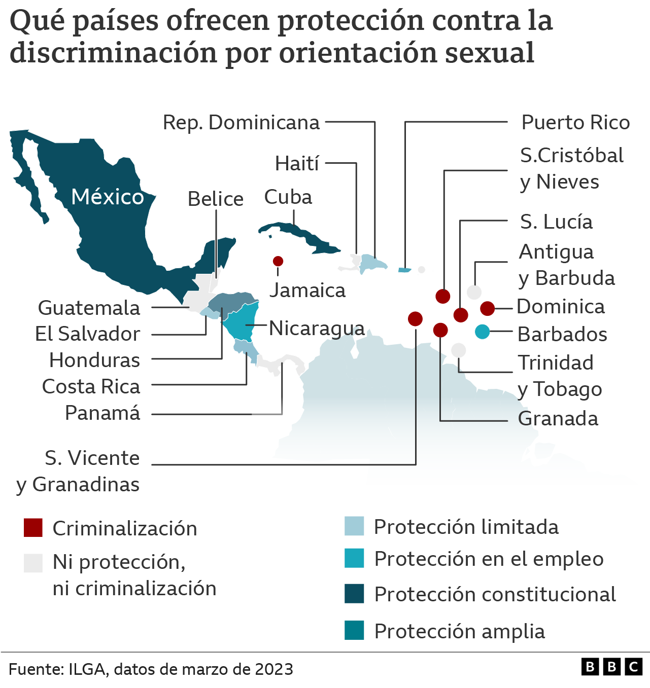 Map of the situation of homosexual people in Central America and the Caribbean.