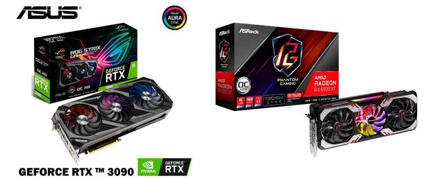 Nvidia GeForce RTX 3090 modelo Asus ROG Strix (izquierda) y AMD modelo AsRock Radeon RX 6900 XT (derecha).