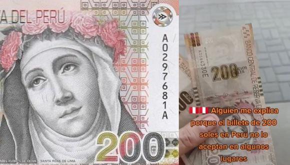 Los billetes de 200 soles son muy escasos en Perú, por lo que muchos no tienen cambio para dicho monto. (Foto: @kabeticovzla-BCR/composición)
