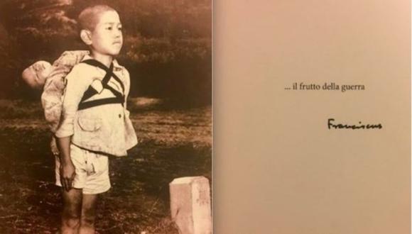Fotografía elegida por el Papa Francisco como postal de fin de año. Al reverso, la frase "el fruto de la guerra" seguida de su firma.