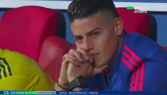 James Rodríguez rompió en llanto luego de la eliminación de Colombia a manos de Inglaterra por penales. (Foto: captura de DirecTV)