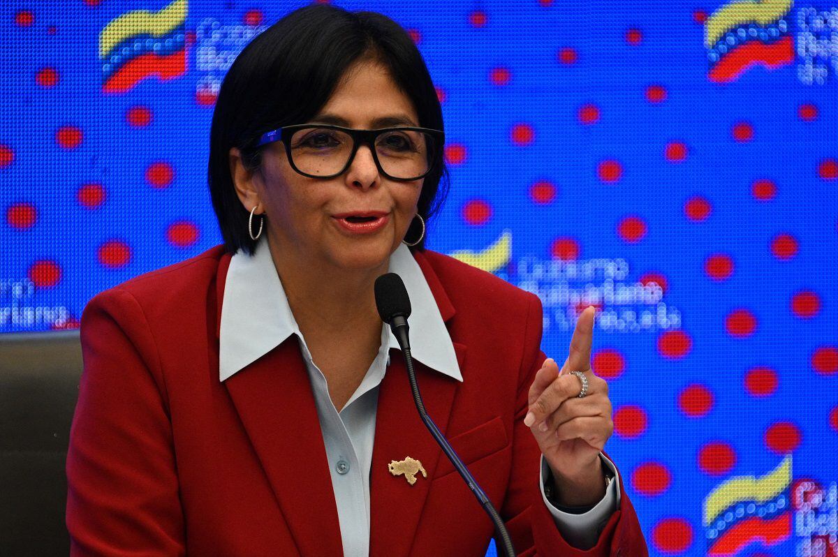 Vice President of Venezuela, Delcy Rodríguez, speaks during a press conference at the Miraflores Presidential Palace, in Caracas, on October 31, 2023. (Photo by Federico PARRA / AFP)