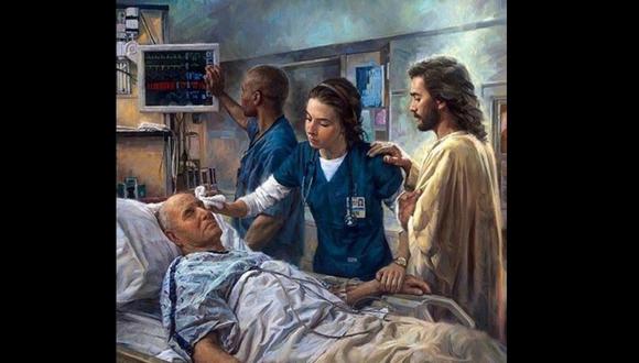 ¨El que cura¨, pintura del norteamericano Nathan Grenne aludiendo a que el que asiste al enfermo nunca lo hace solo.  (Imagen:  Nathan Grenne)