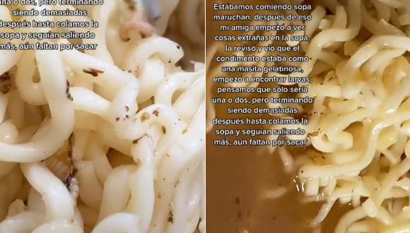Joven muestra su experiencia al consumir una sopa instantánea y descubrir larvas. (Imagen: @mel0dylls / TikTok)