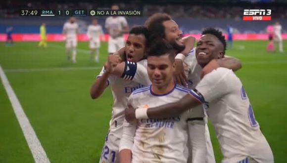 Gol de Casemiro para el 1-0 del Real Madrid vs. Getafe por LaLiga. (Foto: Captura de ESPN)