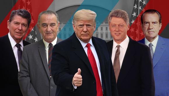 Los expresidentes de EE.UU., Ronald Reagan, Lyndon B. Johnson, Donald Trump, Bill Clinton y Richard Nixon.