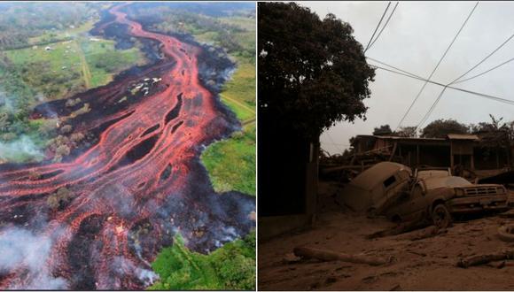 A la izquierda, la erupción del volcán Kilauea, en la isla de Hawái. A la derecha, Guatemala devastada tras la erupción del Volcán de Fuego. El Gobierno pidió que no se difundan imágenes de otros desastres naturales señalando que tuvieron lugar en Guatemala. (Twitter/EFE)