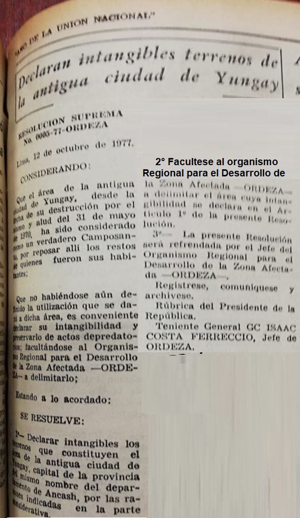 Resolución Suprema Nº 005-77, que declara como al camposanto como ‘terreno intangible'. Foto: Fuentes de El Comercio