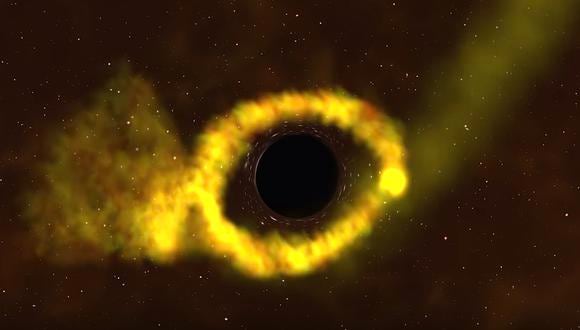 Cuando una estrella se desvía demasiado cerca de un agujero negro, las mareas intensas la separan en una corriente de gas. (Imagen: NASA)