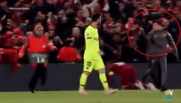 Barcelona fue goleado por 4-0 a manos del Liverpool y los hinchas de los 'Reds' apuntaron sus mofas hacia Lionel Messi, en especial un menor que ingresó al campo para burlarse del argentino (Video: Movistar)