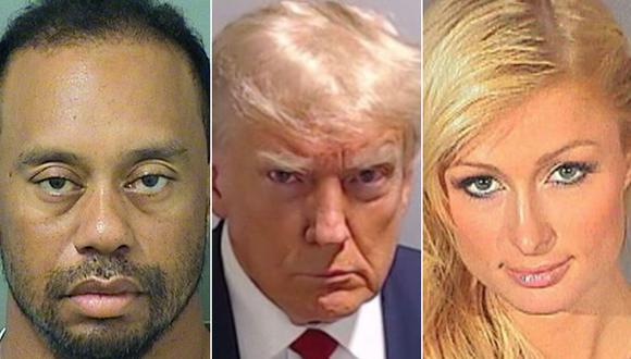 Fotos del arresto del golfista, Tiger Woods, el expresidente de Estados Unidos, Donald Trump, y la celebridad, Paris Hilton. (Fotos de Policía de California / Policía del condado de Fulton / Policía de Las Vegas)