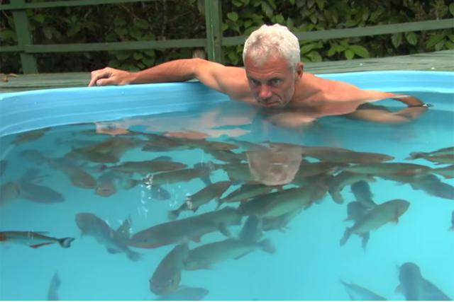 Jeremy Wade sorprendió a todos al sumergirse en una piscina llena de pirañas.  | Foto: River Monsters/YouTube. (Desliza hacia izquierda para ver más imágenes).