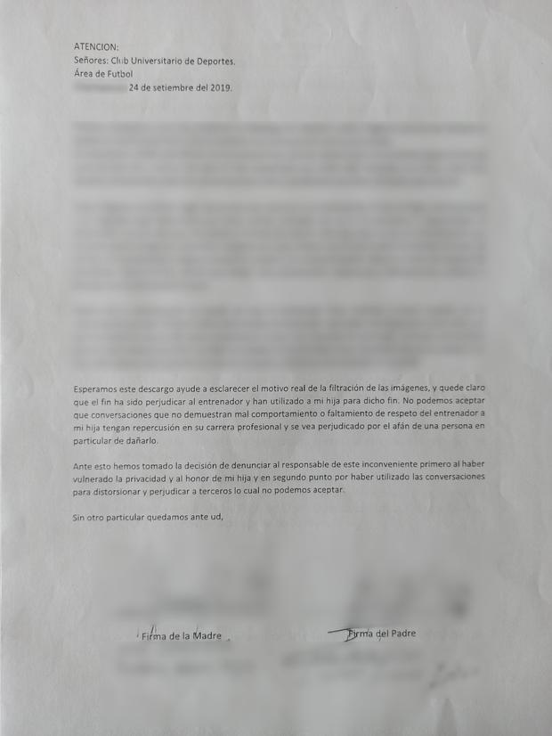 Letter with the signature of both parents of the player with whom Juan Pablo Durand had conversations on social networks.  The identity of everyone involved was covered up.