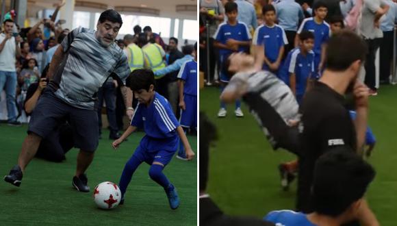 Maradona cae al piso al ser duramente ‘marcado’ por un niño