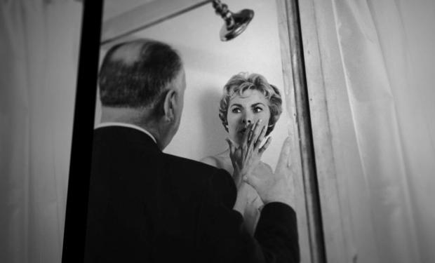 Janet Leigh rehearsing the gesticulation and the precise scream in front of Alfred Hitchcock during the filming of 