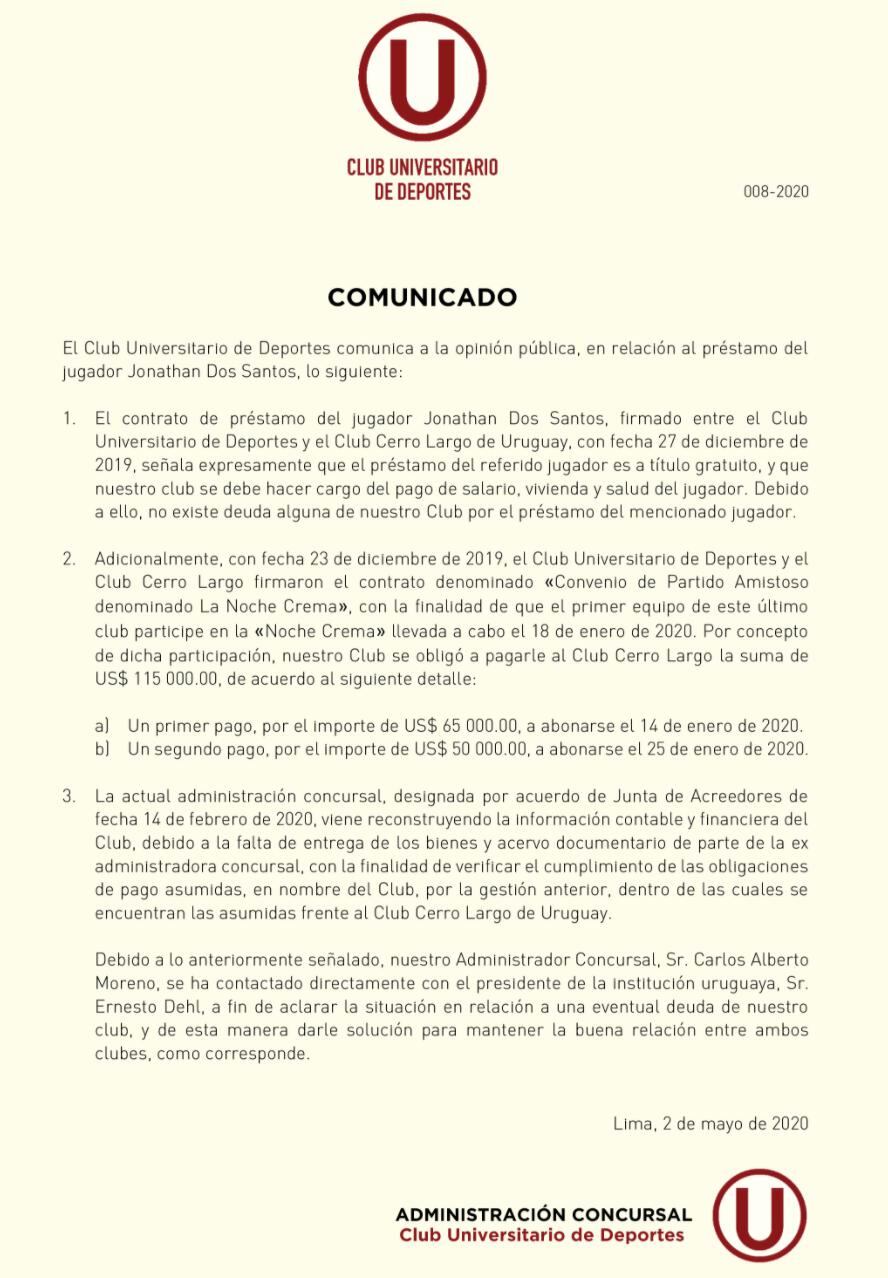 Comunicado Universitario de Deportes