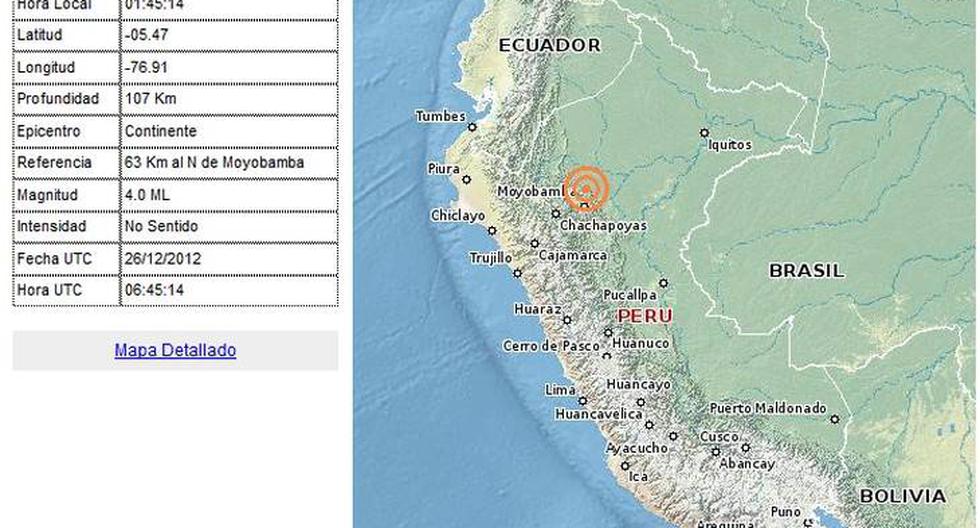 El epicentro del sismo fue localizado a 63 kil&oacute;metros al norte de Moyobamba. (Captura: igp.gob.pe)