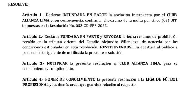 Comisión de Apelación de la FPF revocó sanción contra Alianza Lima. (Foto: Captura)