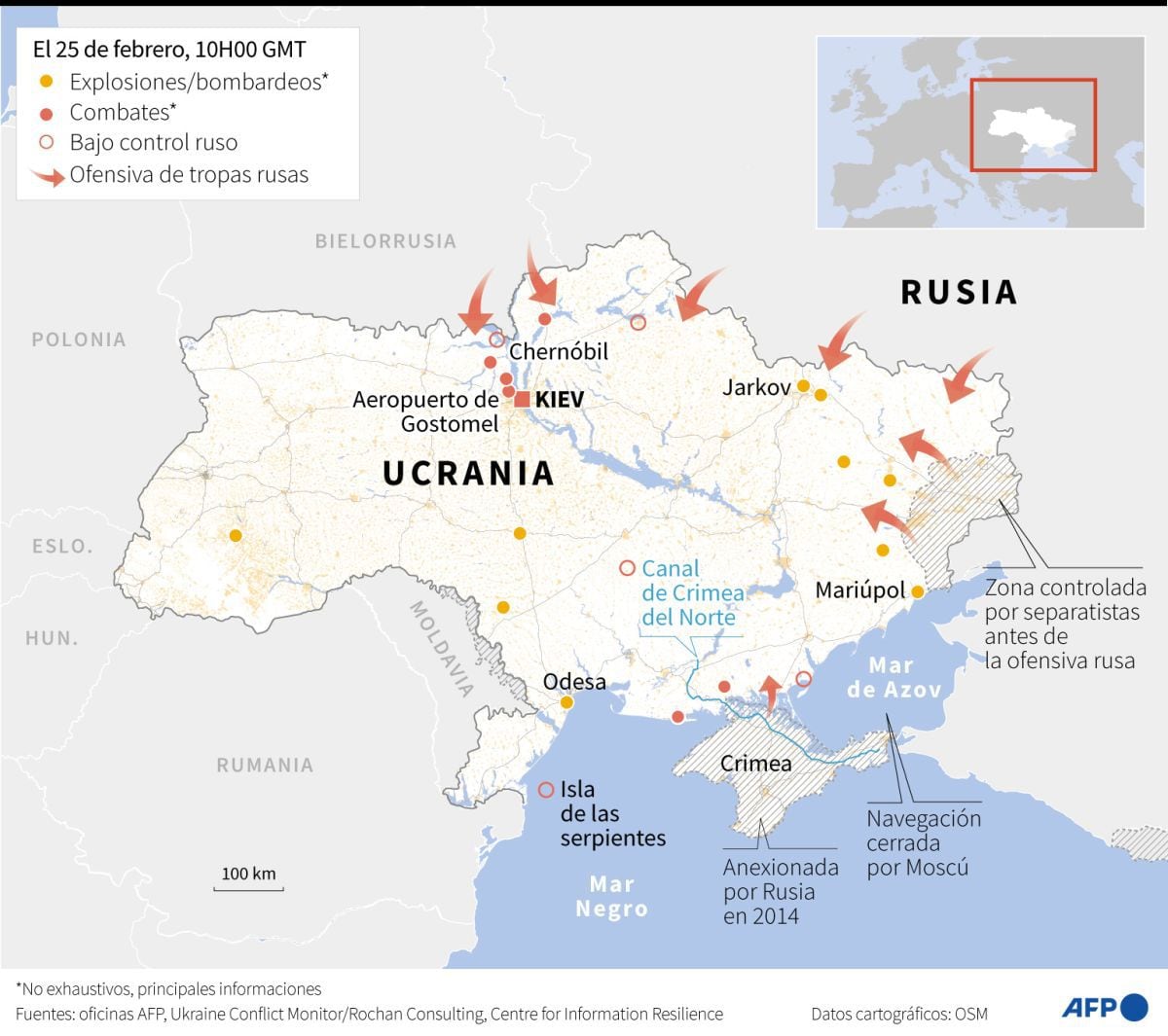 Ukraine, Friday, February 25, 2022. (Map: AFP)