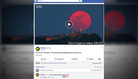 Esta es la captura de la transmisión de Facebook Live sobre la superluna que se convirtió en viral. La red social le dio de baja luego de cuatro horas.
