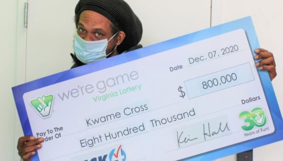 Kwame Cross es el hombre que ganó 800 mil dólares al jugar los mismos números en 160 boletos de lotería. (Foto: Virginia Lottery)