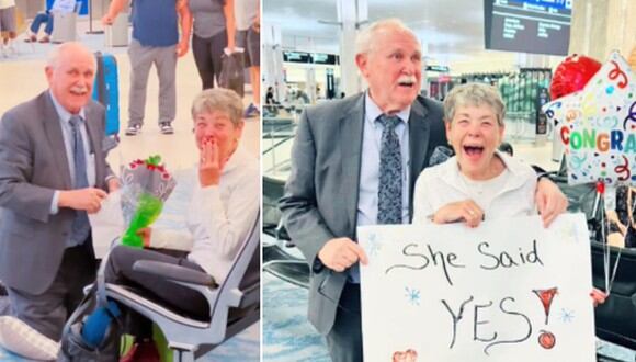 VIDEO VIRAL | En esta imagen se aprecia al anciano que le propuso matrimonio a su novia de la adolescencia en un aeropuerto. (Foto: @adayamilavila / TikTok)