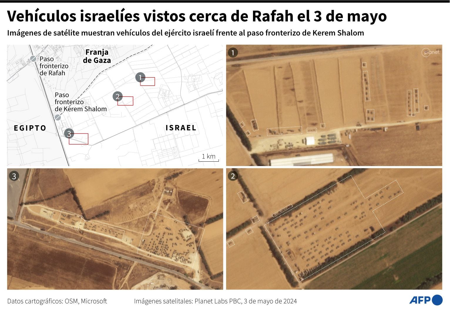 Vehículos israelíes vistos cerca de Rafah el 3 de mayo del 2024. (AFP).