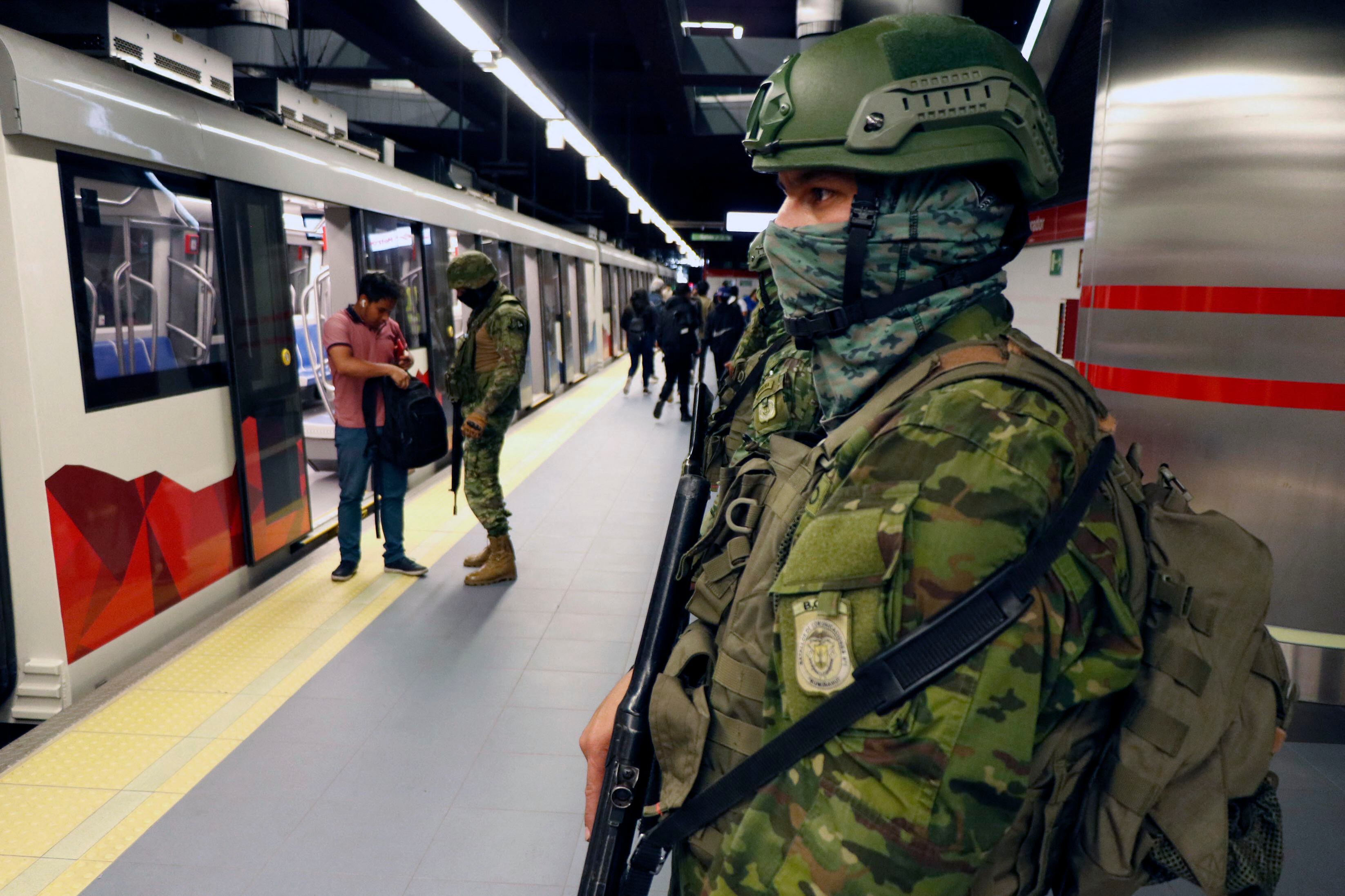 Security forces patrol the El Labrador metro station in Quito, Ecuador, on January 10, 2024. (Photo STRINGER/AFP).