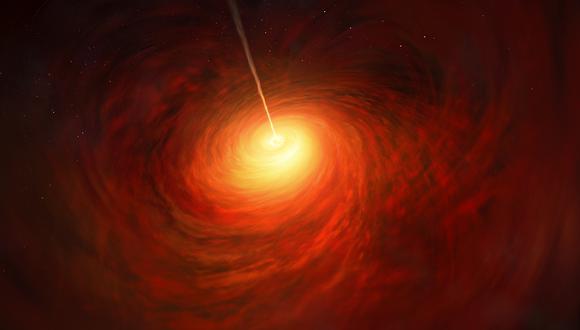 Esta representación artística del agujero negro en el corazón de la enorme galaxia elíptica Messier 87 fue realizada usando los datos obtenidos por los científicos del EHT. (ESO)