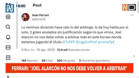 Jean Ferrari explotó contra arbitraje de Joel Alarcón (Video: Canal N)