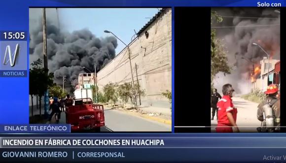 El incendio ocurre en un local ubicado en la calle Archipiélagos, en Huachipa. (Foto: Canal N)